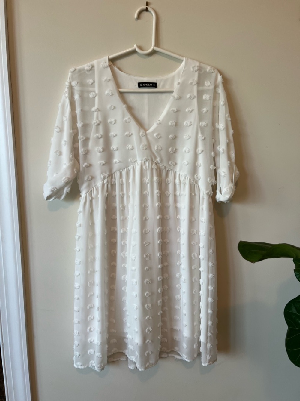 SHEIN White Textured V-Neck Babydoll Mini Dress